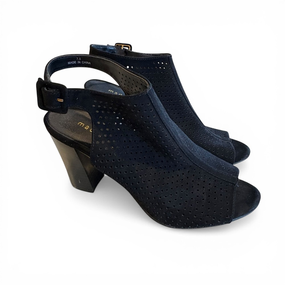 Madden Girl Womens Black Laser Cut Perforated Slingback Block Heel Sandals 7.5
